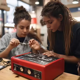 two girls at a table with electronic devices