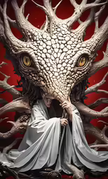 a woman in grey robe standing under a tree next to an image of a dragon