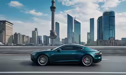 a blue car drives on the road in front of some skyscrapers