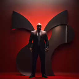 the man is posing in front of a red and black background
