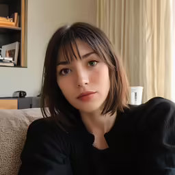 a girl sitting on a couch with her arm folded