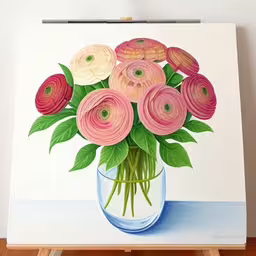 a painting with some flowers in a vase,painting a painting of a bunch of flowers in a vase,an art work with some pink flowers in a vase,a painting of pink flowers in a vase on an easel,a drawing of flowers painted in watercolor with easel