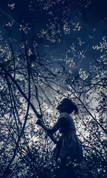 a picture of the back side of a woman wearing a dress, in silhouette with branches and foliage in front of her