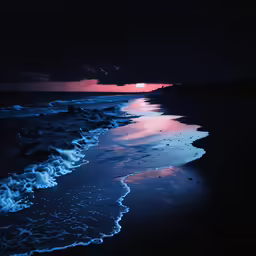 the sun is setting at the beach with a wave coming in
