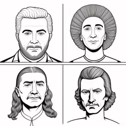 four heads of men with different facial expressions,4 different faces in various styles of beard,three different faces are shown with one man looking at the other,three men with different faces, one man with beard and the other man with long hair,a black and white illustration of four men with different hairs
