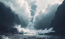 a steam engine is coming from the ocean into a canyon