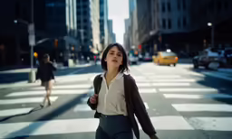 a woman is walking down a city street