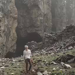 the woman in a white shirt walks on a rocky trail