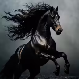 a beautiful, black horse is rear legs out in a dramatic, dark photo