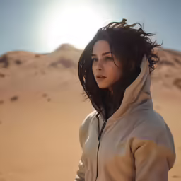 a woman that is standing in the sand