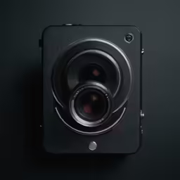 a camera lens sits on top of a black surface