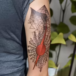 a man with a forearm tattoo of a red arrow