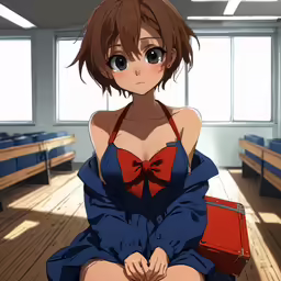 the anime character is sitting down with her red purse
