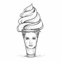 a drawing of a lady that is sitting in a cup filled with ice cream