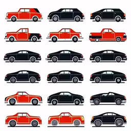 a set of sixteen red, black and orange classic automobiles,a collection of eight vintage cars painted red and black