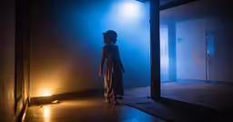 a person standing in an empty room with a light on