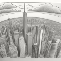 a drawing of a cityscape of a big city,an pencil drawing of a city and the sky