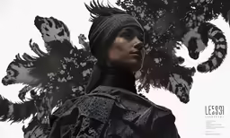 a woman in a black and white outfit is looking towards the sky