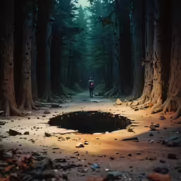 person standing in a forest with trees and a hole