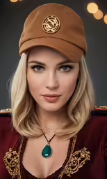 beautiful blonde woman with cap and necklace
