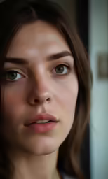a young woman with blue eyes posing for the camera