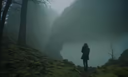 a woman standing on a trail in a foggy mountain