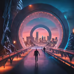 the man is walking through a tunnel that looks like a portal