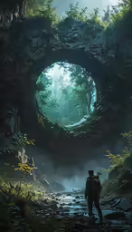 the person is in the distance looking at the area where there are trees