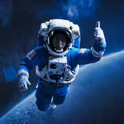 a man in space suit flying over the earth