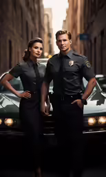 a police officer and an attractive lady standing in front of a car