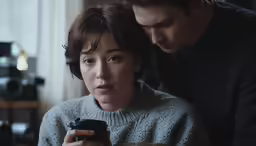 two people, one looking at something while the other is using their cell phone