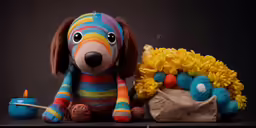 a stuffed dog next to a purse with some cake