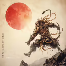 an illustration of a demon riding in front of a red sun