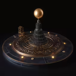 a gold sphere atop a golden clock tower