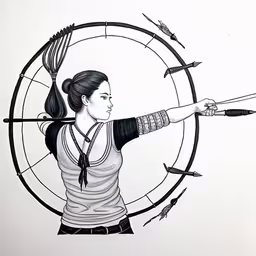 a black and white drawing of a woman with a bow and arrow,a woman holding an arrow near a circle