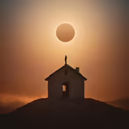 an abstract photograph of a church with the sun going down