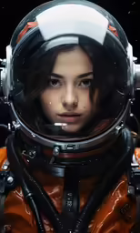 a woman in an orange astronaut suit