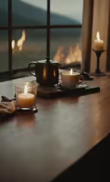 two tea cups sitting on a wooden table with lit candles