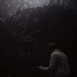an animal in a dark cave that looks like something from a demon