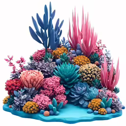 a fake seaweed sculpture surrounded by blue corals and other corals