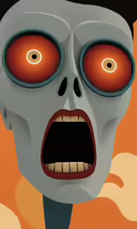 a gray zombie face with red eyes