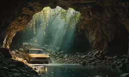 the car is driving into a cave with water in it
