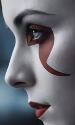a white face with brown accents and blue eyes