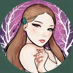 a girl is posing with her hand under her breast,an art nouveau style woman with long hair in front of a purple circular background