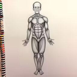 a drawing of a human figure with muscles drawn,the hand drawn drawing shows a muscular man