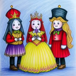 children are dressed up in costumes, and wearing hats,three children are dressed in various costumes and are standing together