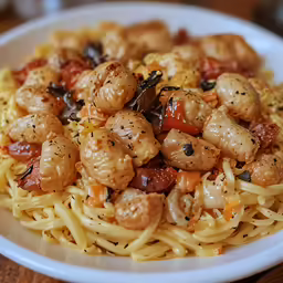 a close - up of some pasta and seafood on a white plate