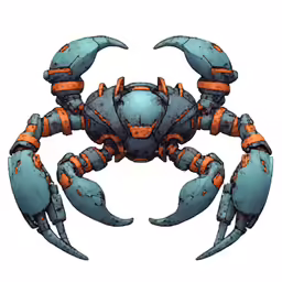 a blue and orange crab standing upright