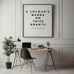 the desk is under a large poster of a work place