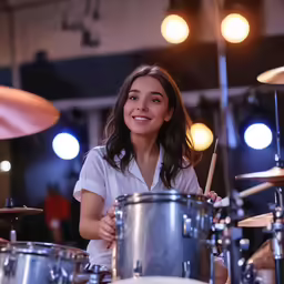 young woman smiling behind the drums in music studio